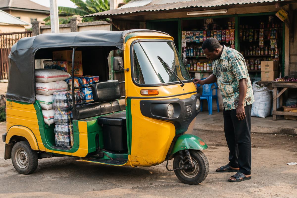 A business owner inspecting a delivery tricycle loaded with goods outside his shop.