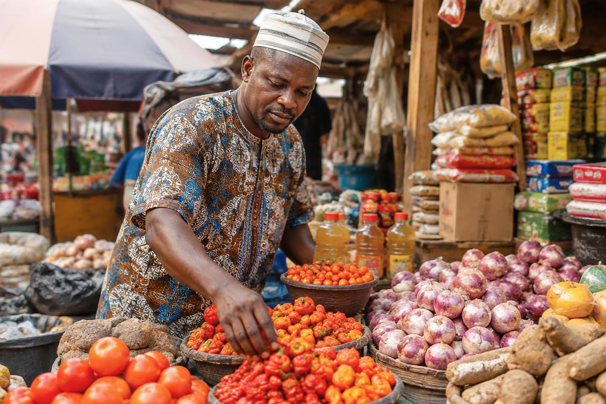 A market trader arranging his goods at a busy market stall.