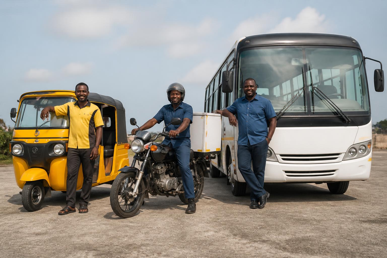 Nigerian mobility workers with a keke, commercial motorcycle and bus.
